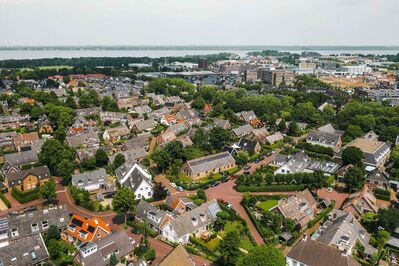 Luchtfoto van een woonwijk met groene tuinen en huizen, met een zicht op water in de achtergrond.